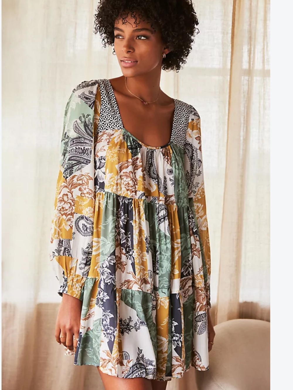 Anthropologie Tiered patchwork flowy mini dress